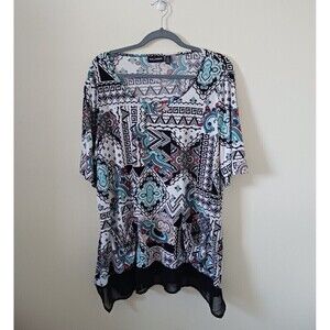 Nina Leonard Tunic Blouse Floral Sheer Hem Pockets Multicolor 2X